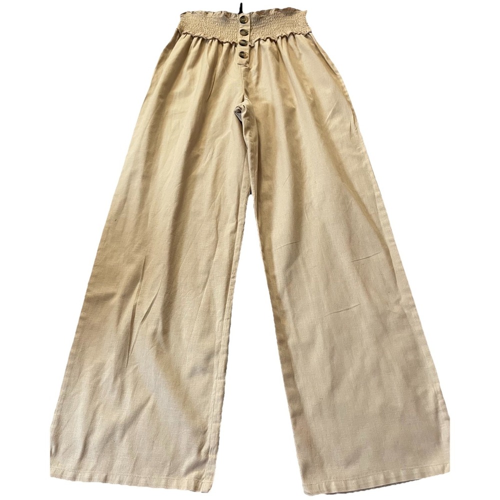 Y2K Derek Heart Wide Leg Pants Juniors M Button Accent Smocked Waist Beige